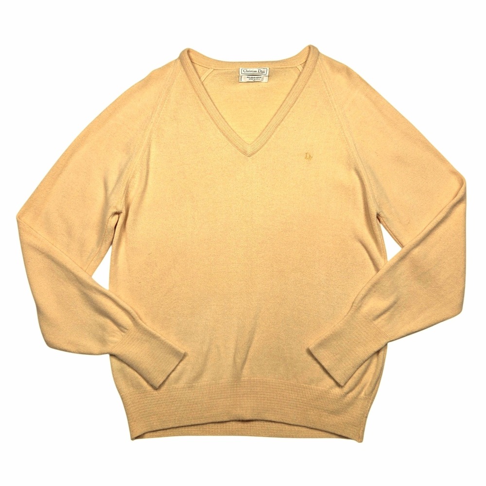 Christian Dior Sweater Mens L Yellow V-Neck Orlon Acrylic Vintage USA Made Logo